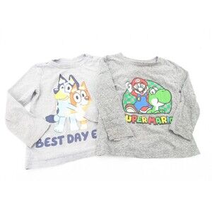 Toddler Gray Bluey Bingo Mario Character Long Sleeve T-Shirt Lot of 2 Size 3T